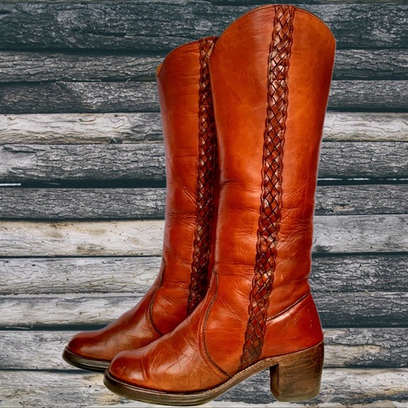 SOLD FRYE Vintage Black Label Braided Sabrina Campus Brown Western Boots 7 - Picture 5 of 8